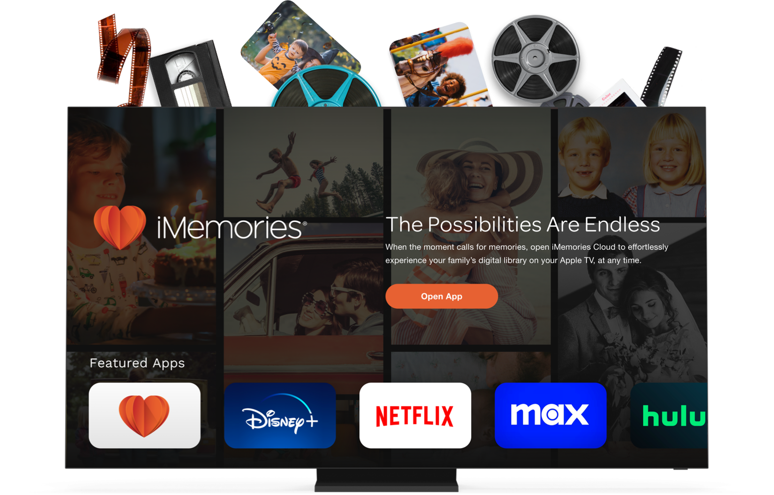 An iMemories box next to a tablet showing a gallery of digitized family photos